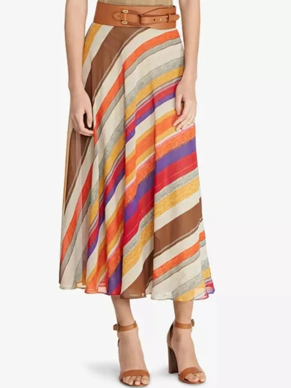 Vintage Lauren Ralph Lauren Striped Fiesta Boho Chiffon Midi Skirt Plus Size 14